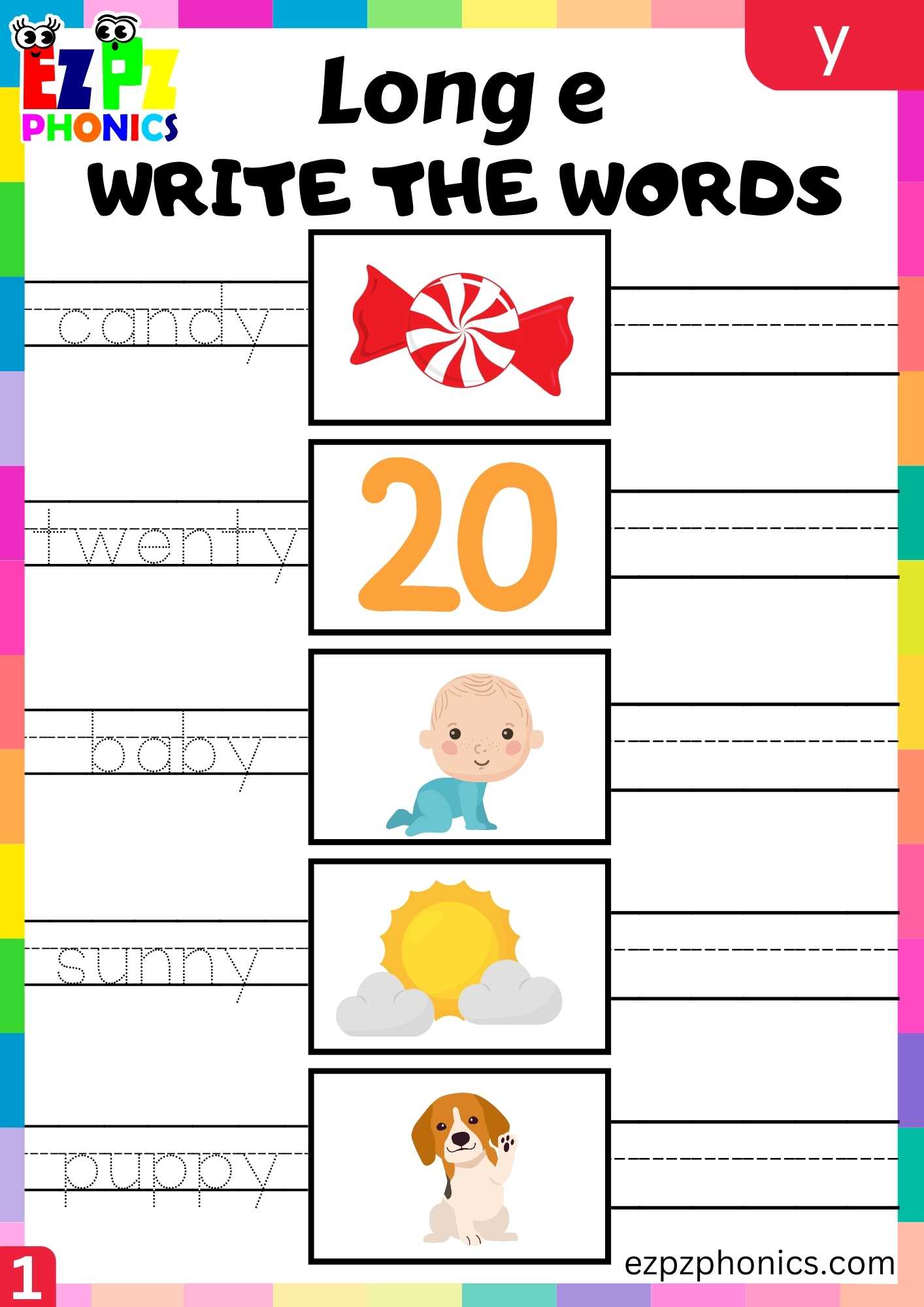 Group1 Y Words Write The Words Long E Phonics Worksheet